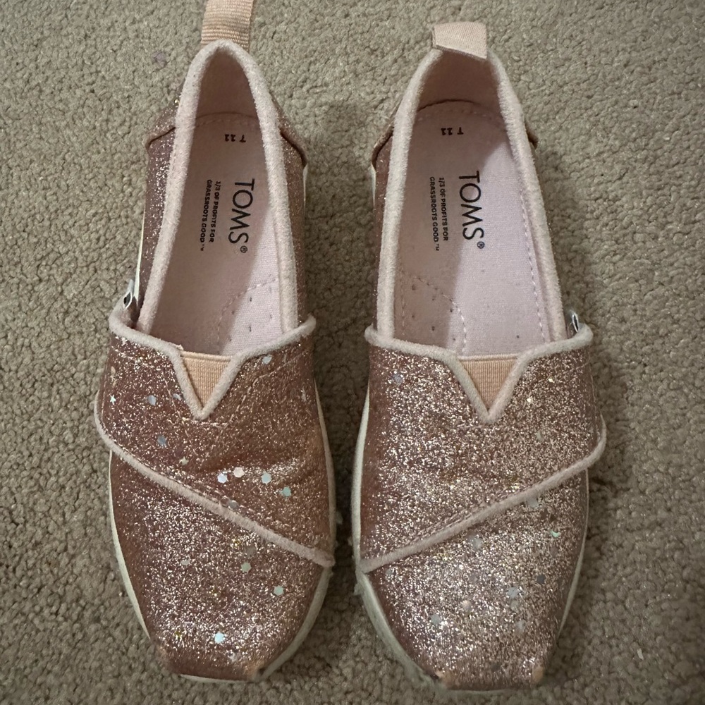 TOMS Rose Gold Glitter Slip-Ons